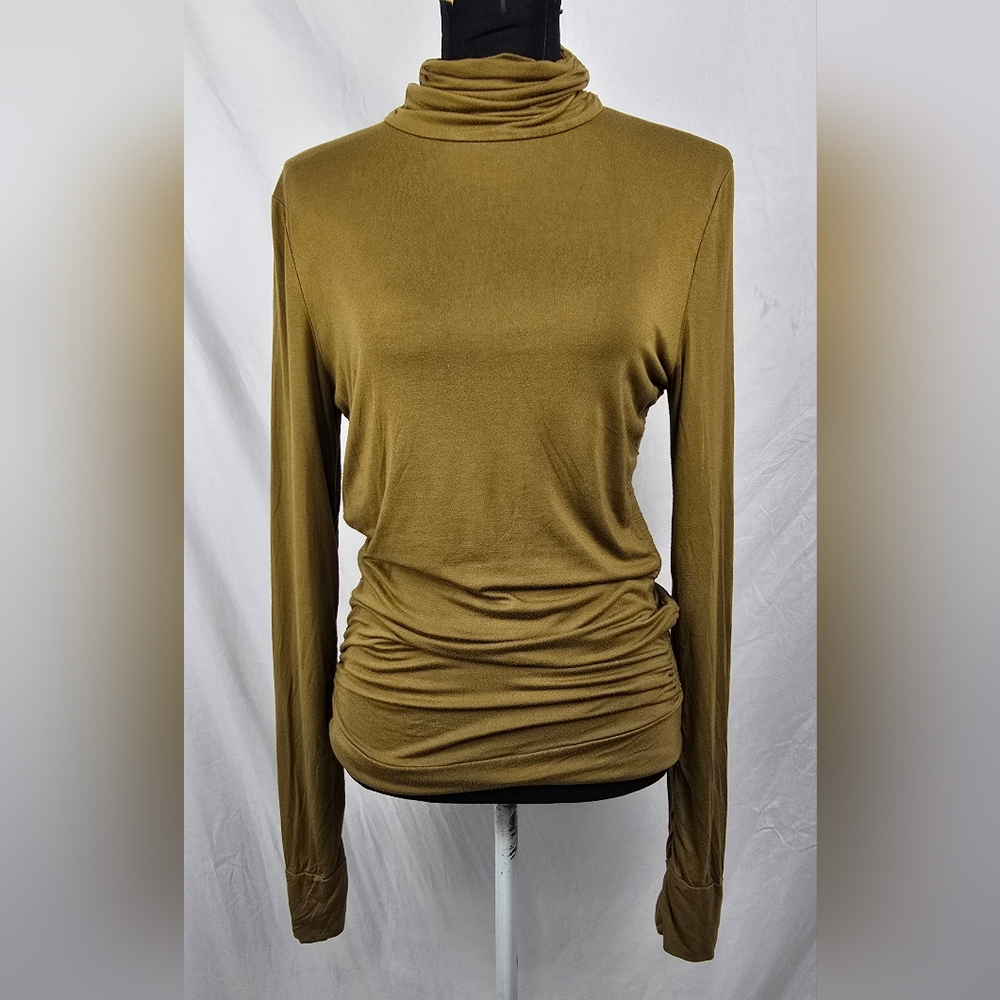 Soft Surroundings Turtleneck Womens Small Olive Tunic Rouched Sides & Sleeves